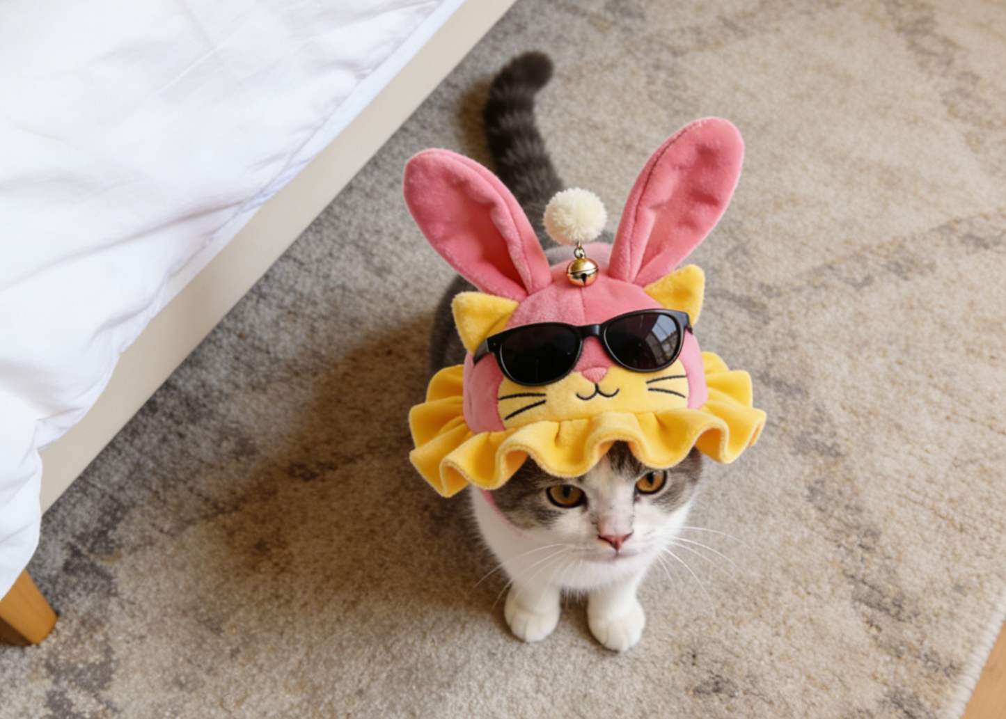 Cool Bunny Cat Hat with Sunglasses & Bell | Trendy Pink-Yellow Pet Costume for Cats & Small Dogs