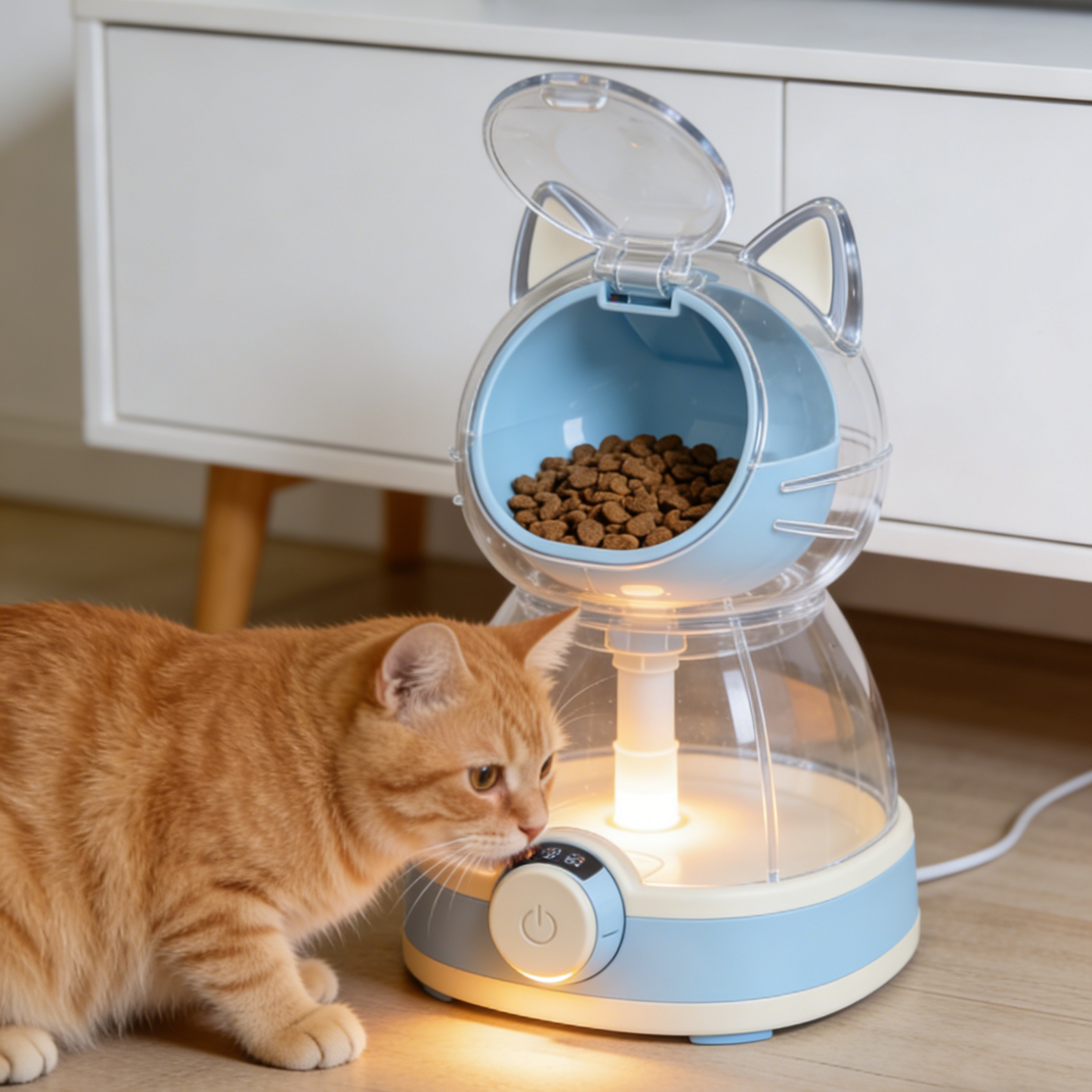 Transparent Cat Face Lift-Up Pet Feeder - Blue & White Smart Food Dispenser with Adjustable Height for Cats