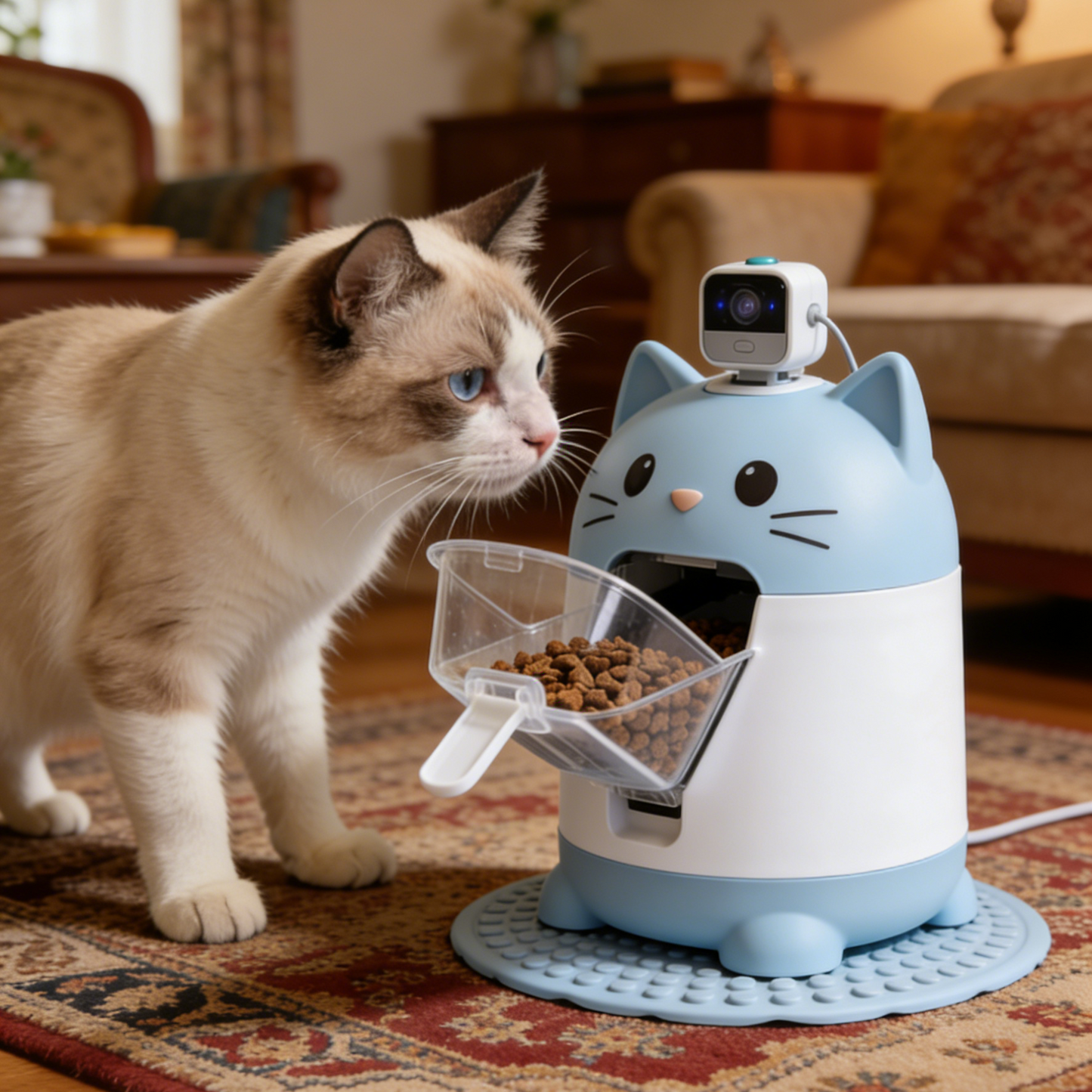 Cat Shaped Automatic Pet Feeder with HD Camera - Blue & White Smart Food Dispenser with Two-Way Audio for Cats