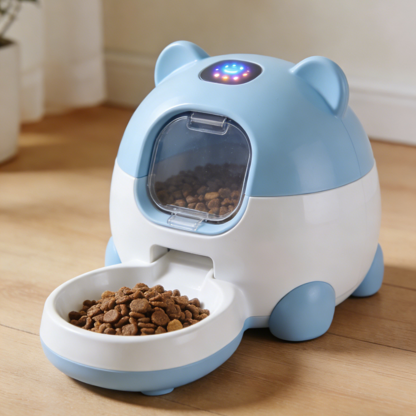 Cute Bear Shaped Automatic Pet Feeder - Blue & White Smart Food Dispenser with LED Indicator for Cats & Small Dogs