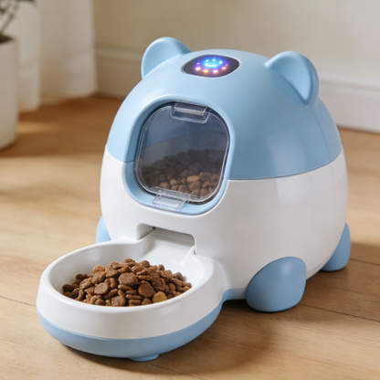 Cute Bear Shaped Automatic Pet Feeder - Blue & White Smart Food Dispenser with LED Indicator for Cats & Small Dogs