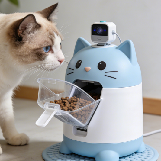 Cat Shaped Automatic Pet Feeder with HD Camera - Blue & White Smart Food Dispenser with Two-Way Audio for Cats