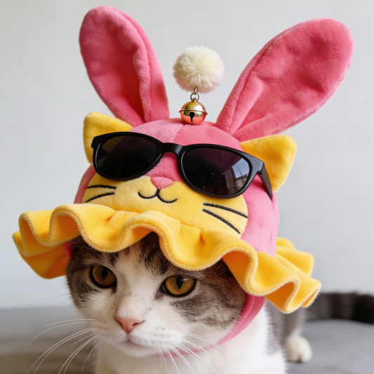 Cool Bunny Cat Hat with Sunglasses & Bell | Trendy Pink-Yellow Pet Costume for Cats & Small Dogs