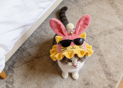 Cool Bunny Cat Hat with Sunglasses & Bell | Trendy Pink-Yellow Pet Costume for Cats & Small Dogs