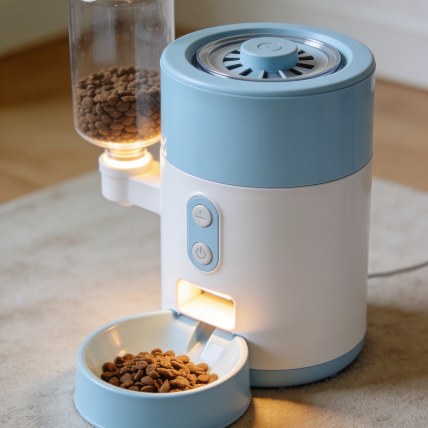 Side-Mounted Hopper Automatic Pet Feeder - Blue & White Smart Food Dispenser with Visible Food Tank for Cats & Dogs