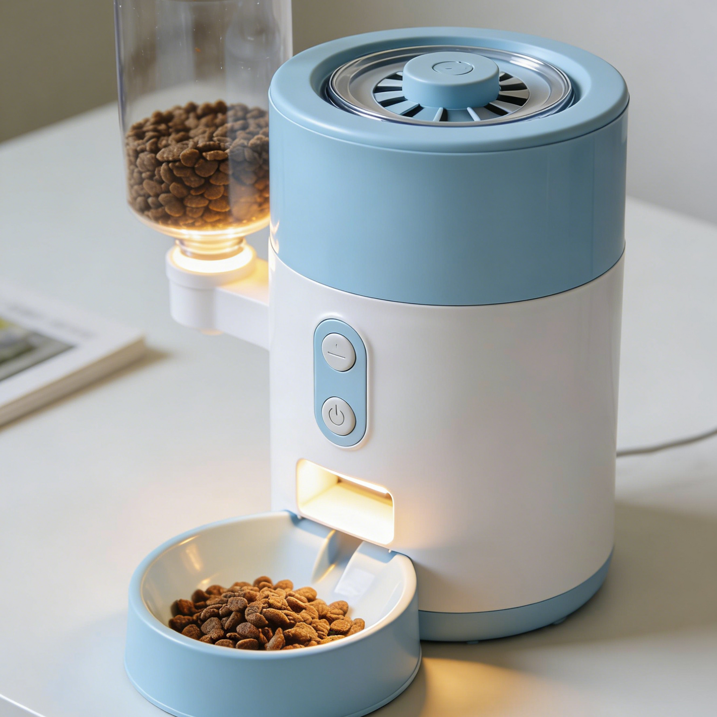 Side-Mounted Hopper Automatic Pet Feeder - Blue & White Smart Food Dispenser with Visible Food Tank for Cats & Dogs
