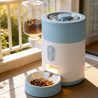 Side-Mounted Hopper Automatic Pet Feeder - Blue & White Smart Food Dispenser with Visible Food Tank for Cats & Dogs