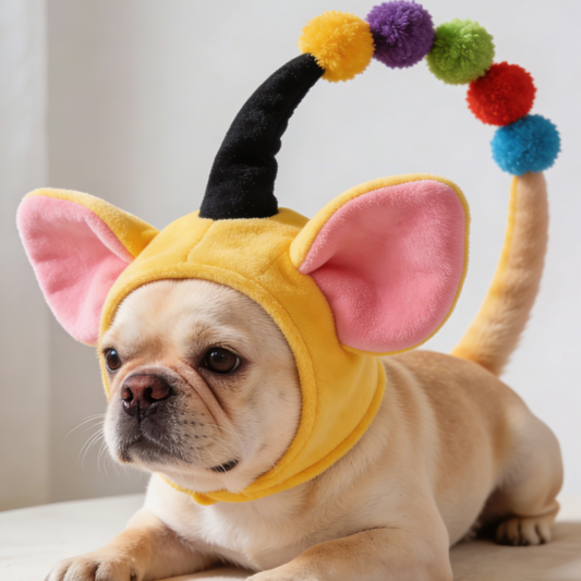 Rainbow Pom-Pom Pet Hat | Cute Yellow Mouse Ears Dog & Cat Costume