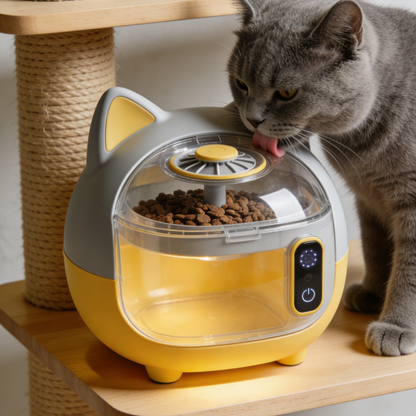 Cat Ear Transparent Pet Feeder - Grey & Yellow Smart Food Dispenser with LED Light for Cats