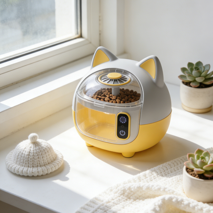 Cat Ear Transparent Pet Feeder - Grey & Yellow Smart Food Dispenser with LED Light for Cats