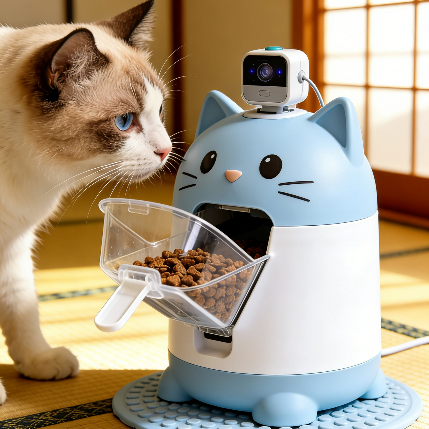 Cat Shaped Automatic Pet Feeder with HD Camera - Blue & White Smart Food Dispenser with Two-Way Audio for Cats