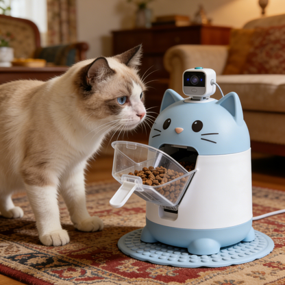 Cat Shaped Automatic Pet Feeder with HD Camera - Blue & White Smart Food Dispenser with Two-Way Audio for Cats
