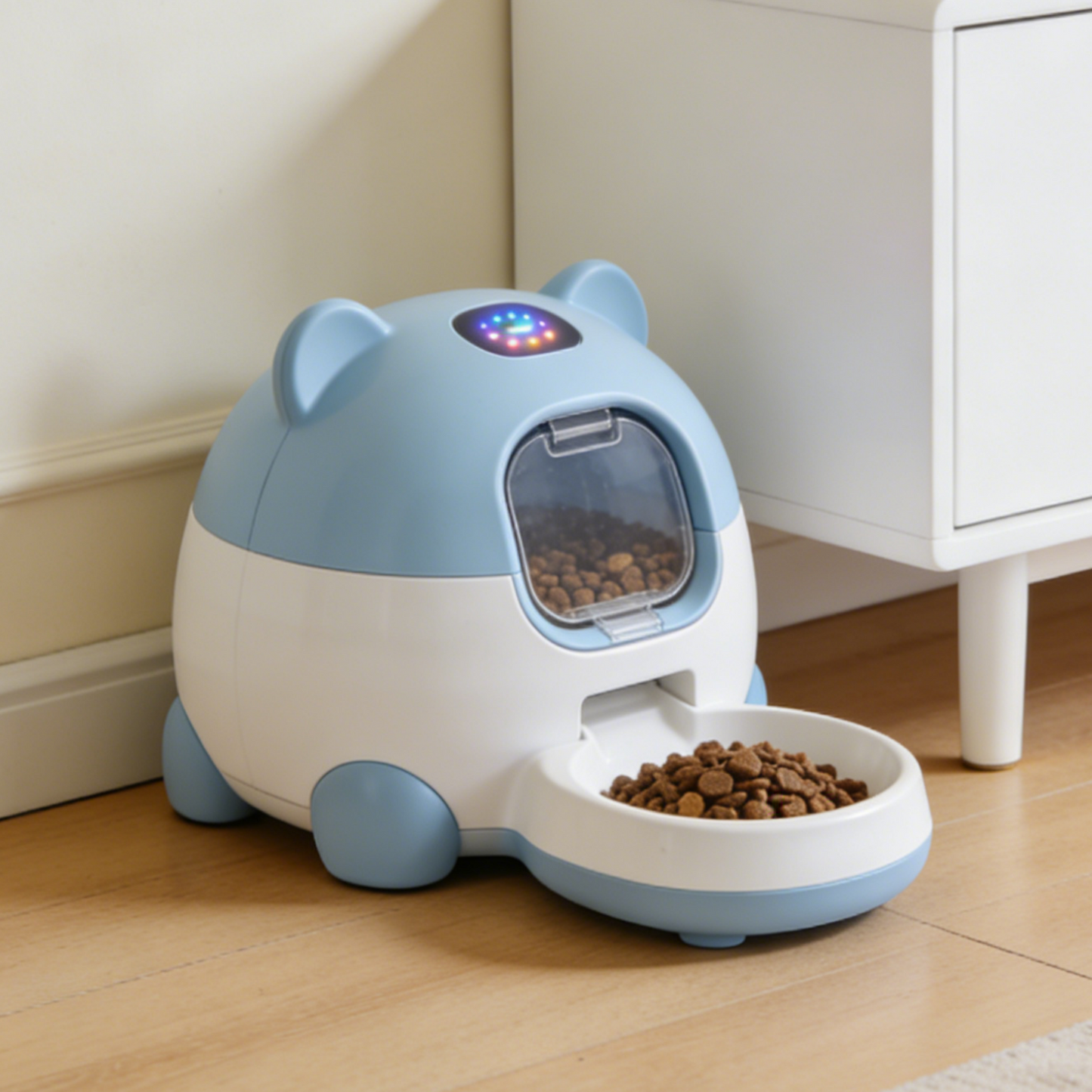 Cute Bear Shaped Automatic Pet Feeder - Blue & White Smart Food Dispenser with LED Indicator for Cats & Small Dogs