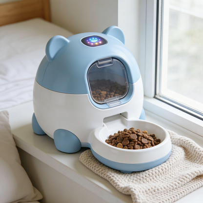 Cute Bear Shaped Automatic Pet Feeder - Blue & White Smart Food Dispenser with LED Indicator for Cats & Small Dogs